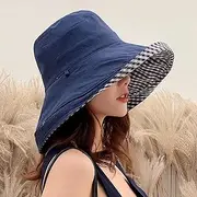 [Ling88] Summer Women Double-Sided Cotton Linen Plaid Sun Hat Elegant Big Wide Brim Foldable Anti-Uv Beach Sun Floppy Hats Flat Caps Sun Hat Big Brim Hat-1