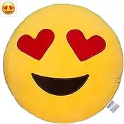 EvZ 32cm Emoji Smiley Emoticon Yellow Round Cushion Stuffed Plush Soft Pillow (Heart Eyes)
