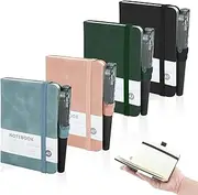 4 Pack Pocket Notebook with Pen, Mini A7 Notebook Set of 4, Small Journal Leather Notepads Hardcover Cute Notebooks Holder Page Marker Ribbons for School Office Memos Supplies 4.3” x 3.2” 200 Pages