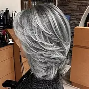 Silver Gray Ombre Layered Wigs with Curtain Bangs for Women Synthetic Short Light Grey Wig Layered Gray Wavy Bob Wig Highlight Grey Curly Bob Wig for Black Wom