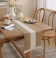 Macrame Table Runners Farmhouse Style Lace Boho Table Runner and Rustic Nature Burlap Table Runner with Tassels, Every Day Use,Heavier Quality,12x70 Inches (Coffee&White)