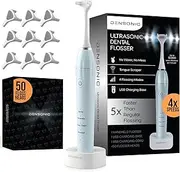 DENSONIC Electric Flosser Kit with Tongue Scraper | No Water, No Mess | Easy Gliding Dental Floss for Gentle Gum Care | Cordless Sonic Power | 50 Replaceable Heads [Celeste Blue]