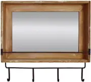 Wood Wall Mirror with Hooks Shelf, Rustic Wooden Frame Hanging Wall Mirror