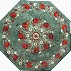 Green Marble Coffee Table Top Shiny Gemstone Inlay Work Bed Side Table for Home