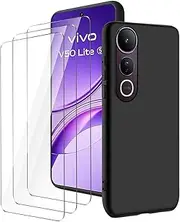 LYZXMY Case for Vivo V50 Lite 4G/V50 Lite 5G (6.77 Inches) Black Mobile Phone Case + 3 Tempered Glass Screen Protector Case Soft Silicone TPU Protective Cover