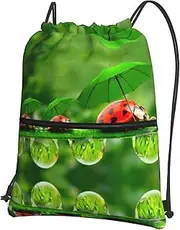 EdWal Funny Ladybug Print Drawstring Backpack Gym Bags Sports Bags With Zipper Pocket For Travel Swimming Beach, Black, One Size