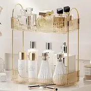 YCIA&DONE Bathroom Organizer Countertop, Makeup Storage, Skincare Cosmetic Tray Shelf, Perfume Holder Rack for Vanity Counter, Large Capacity, Easy to Install, Clean, 2 Tiers, Amber Gold