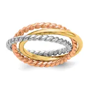 14k Tri-color Gold Rope Polished 3-band Interlocking Ring