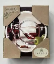 Wine Theme Stone Coaster Set w Wood Caddy Holder Artist Signed Cork Back