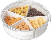 White Round Plastic Divided Serving Tray with Lids, 5 Individual Dishes Food Storage Containers, Serving Platter for Snack, Fruit, Veggie, Candies, et