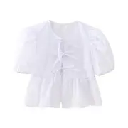 Short-Sleeve Plain Peplum Tie Front Blouse White - S