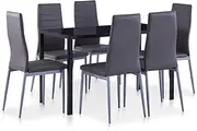 [vidaXL] Modern Seven Piece Dining Set in Grey - Tempered Glass Tabletop and Faux Leather Upholstery
