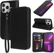 for iPhone 13 Pro Max / 12 Pro Max Case Leather Wallet Magnetic Flip Cover with Wrist Strap Card Holders SunYoo Case RFID Blocking Porte Feuille Coque étui for iPhone 14ProMax 13ProMax Black