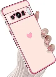 [KANGHAR] Compatible with Google Pixel 8 Pro 5G Case for Women Girl, Plating Edge Cute Love Heart Soft TPU Bumper with 4 Corners Shockproof Protection Phone Case Cover for Pixel 8 Pro Pro 5G(Pink)