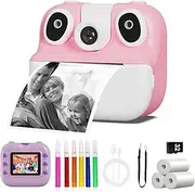 Ykasia Children's Camera Instant Print, 180°Flip Lens Camera, 1080P HD Video Camera for Kids, 2.4 Inch Screen Kids Digital Camera with 32GB Card & 3 Rolls Photo Paper (Pink)