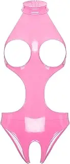 [Sinleey] Womens Wetlook Patent Leather Bodysuit Sleepwear PVC Leotard Open Bust Crotchless Jumpsuit
