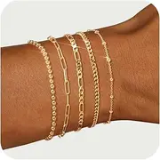 [adoyi] Gold Bracelets for Women, 14K Gold Plated Bracelet Stack Set Adjustable Stackable Charm Bracelets Paperclip Chain Cuban Link Layered Waterproof Gold Jewelry Sets Gifts for Womens 6.0/6.8/7.2"