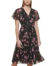 Calvin Klein Floral Print Midi Dress Women's 12 Black Multi V-Neck Button Front