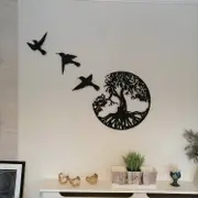 Sztxj 11.8" Black Metal Tree of Life Wall Art - 3 Flying Birds Wall Sculpture - Indoor and Outdoor Bedroom Decor, Modern Round Wall Decor