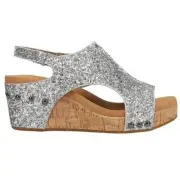 CORKYS Carley Glitter Peep Toe Wedge Sandals Silver 9 NWT