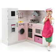 Costway Kitchen Playset Wooden Cooking Pretend Toy Set Gift Home w/Cookware & Apron Pink