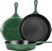 Utopia Kitchen Enameled Cast Iron Skillet Set 3-Piece - 6 Inch, 8 Inch and 10 Cookware Set- Pan for Outdoor Camping, Oven Use & Stovetop Green UK0224