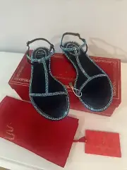 NIB Rene Caovilla Amalia Blue Crystal Embellished Leather Flat Sandals Sz 36 $1K