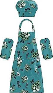AIXIWAWA Kids Apron Chef Hat Set, Child Kitchen Bib Aprons Adjustable for Cooking Baking Painting (Cute Green Dinosaur)