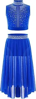 [Fldy] Kids Lyrical Ballet Dance Outfit Girls Shiny Crop Top with Side Slit High-Low Irregular Mesh Skirt