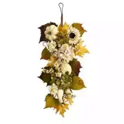33 in. Green Fall Sunflower Hydrangea & White Pumpkin Artificial Autumn Teardrop