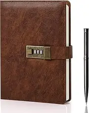 WEMATE Diary with Lock, A5 PU Leather Journal with Lock, 240 Pages, Vintage Lock Journal with Pen & Gift Box, Lockable Diary for Women and Men, 8.6 x 5.8 inches, Brown