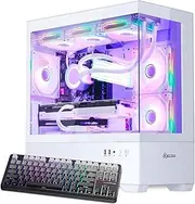 HOENGAGER Superview Gaming PC Desktop - AMD Ryzen 7 5700X 3.4 GHz 8 Core, RTX 4060 8G, 16GB DDR4 3200, 1TB M.2 PCIE SSD, 650W PSU, 360mm AIO, 11AC Wi-Fi, Gaming Keyboard, Windows 11 Pro, White