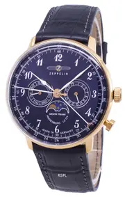 Zeppelin LZ 129 Hindenburg Moon Phase Blue Dial Leather 70383 30M Mens Watch