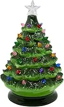 Roman Festive Christmas Tree with Colorful Lights | Vintage-Inspired Ceramic Green Pine with Lights and Star | Cheerful Holiday Decoration | Twinkle or Steady Nightlight
