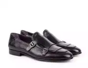 Handcrafted Black Buffalo Leather Double Monk Strap Shoes – Blake Stitching