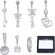 NICENEEDED 7 PCS Sliver Belly Buton Rings, Stainless Steel Belly Button Ring for Women, Dangle Belly Button Rings Heart Floral Cubic Zirconia Body Belly Jewelry, Multisize, stainless steels