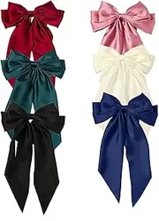 6Pcs Big Bow Hair Barrettes, BetterJonny 6 Colors Silky Satin Bows Hair Barrettes Colorful Hair Clips with Long Silky Bows Elegant Hair Accessories for Girls Women, Adult Teens