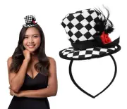 Soft Mini Checkered Top Hat Headband Harlequin Clown Rose Circus Cosplay Costume