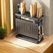 Wall-Mounted Knife Block Holder, Carbon Steel Kitchen Knife Storage Rack with Draining Tray, Includes 2 Knife & Fork Holders and 4 Hooks, for Kitchen Utensil Organization (Black)