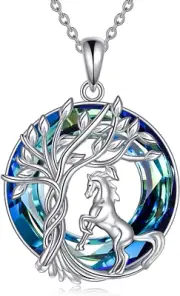 Tree of Life Blue Horse Crystal Sterling Silver Necklace Jewelry Gifts for Women
