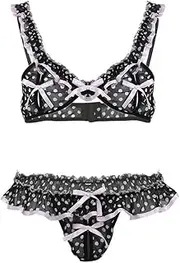[WANFJ] Women Lingerie Sexy Mens Sissy Lingerie Set Ruffle Bra Top Open Butt Elastic T-Back Briefs