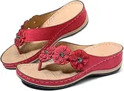 [DZXYQ] Summer Women's Slippers Flat Sandal Multicolor Handmade Retro Flowers Flip-Flops Large Size Slippers Leather Slip on Light Mid Heel Wedge Beach Outside Leisure Flip Flops,Red,40