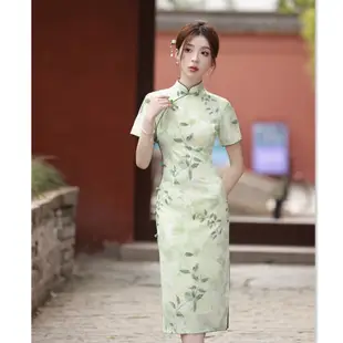 老上海復古民族風中長款短袖旗袍夏季國風女士宴會旗袍裙