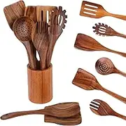 9-Piece Natural Teak Wooden Cooking Utensil Set with Wooden Holder & Spoon Rest - Comfort Grip, Heat Resistant & Non-Stick Tools for Nonstick Cookware - Premium Kitchen Tools for Home Chefs