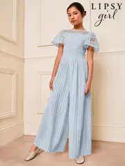 Lipsy Blue Flutter Sleeve Lace Occasion Jumpsuit (5-16yrs) (F59280) | $127 - $148