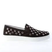 PRADA women shoes Black suede slip on sneaker with silver-tone metal grommets
