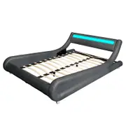 Thomas Queen PU Leather Bed Frame with LED Lights Comfortable Upholstery Grey