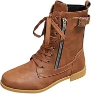 [Generic] Women's Mid Calf Buckle Flat Low Heel Zipper Booties Lace up Boots Vintage Chunky Heeled Mid Calf Motorcycle Riding Tacticle Short Boots Winter Shoes