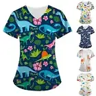 Women Nursing Uniform Scrub Short Sleeve Tops T-Shirt Xmas Work Blouse AU.