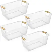 Ziliny 4 Pcs Metal Wire Basket with Wooden Handles Mesh Steel Storage Organizer Bin Containers for Home Organizing Cabinet Pantry Closet Kitchen Fridge Fruit Makeup Snacks Gifts(Medium,Cream White)